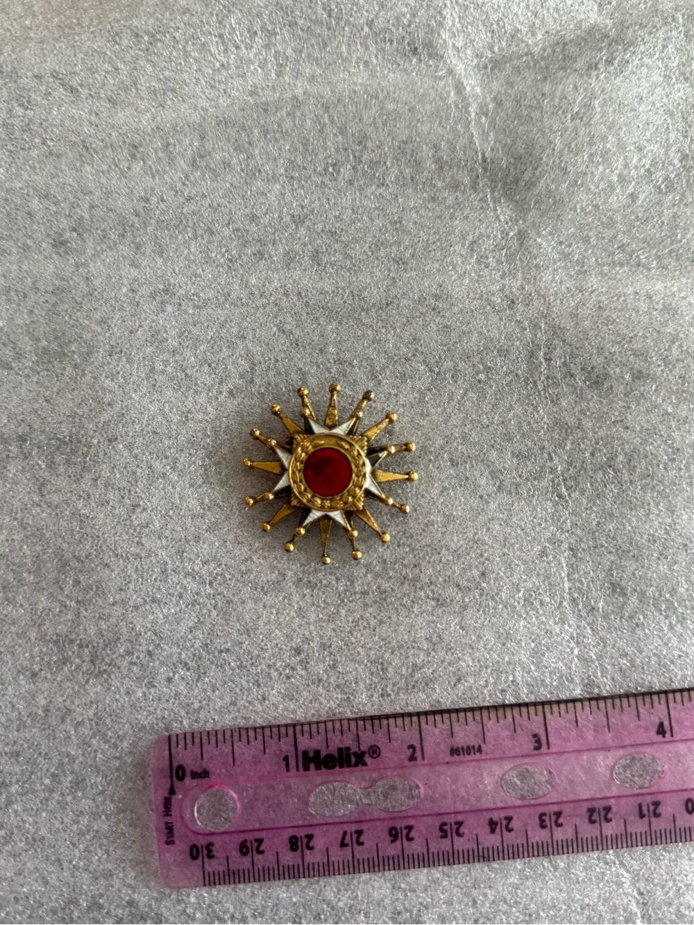 Vintage Gold Sunburst Brooch with Red Center